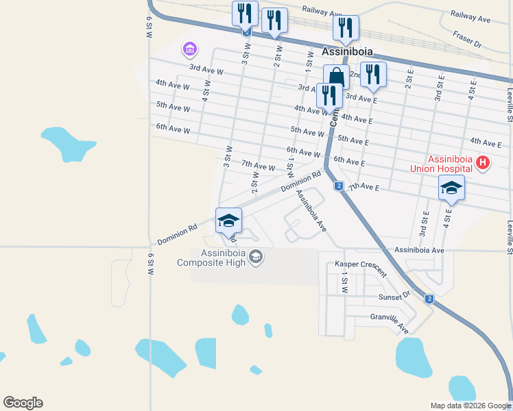 map of restaurants, bars, coffee shops, grocery stores, and more near 223 Dominion Road in Assiniboia