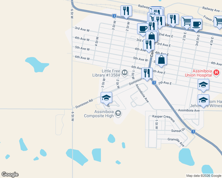 map of restaurants, bars, coffee shops, grocery stores, and more near 314 Dominion Road in Assiniboia