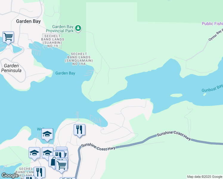 map of restaurants, bars, coffee shops, grocery stores, and more near 5273 Claydon Road in Garden Bay