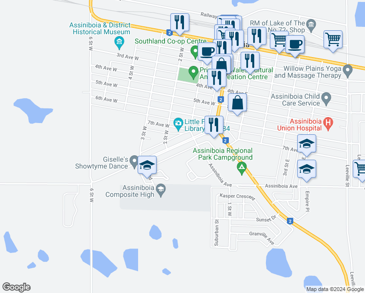 map of restaurants, bars, coffee shops, grocery stores, and more near 211 Dominion Road in Assiniboia