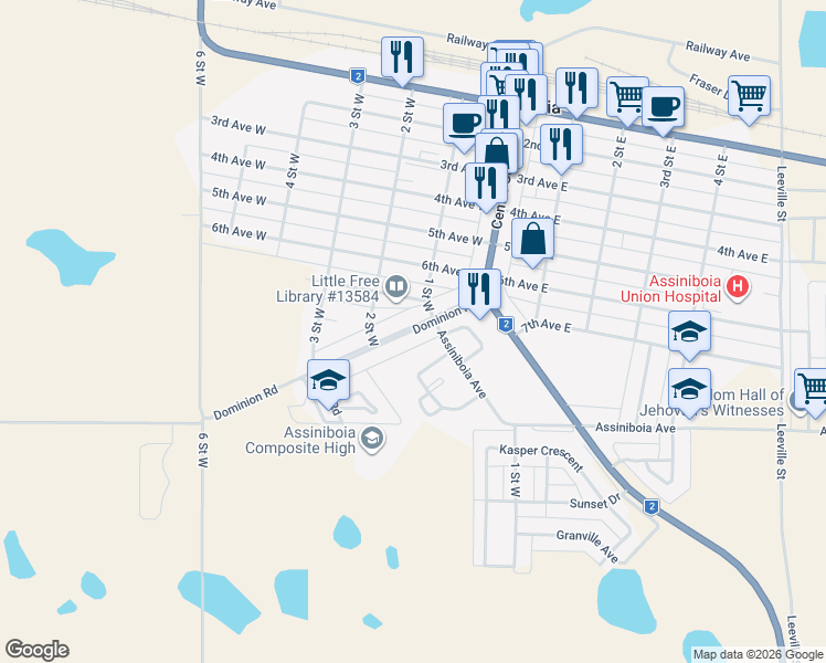 map of restaurants, bars, coffee shops, grocery stores, and more near 211 Dominion Road in Assiniboia