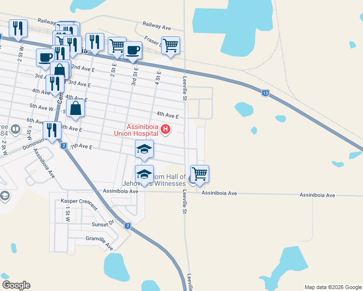 map of restaurants, bars, coffee shops, grocery stores, and more near 525 7th Avenue West in Assiniboia