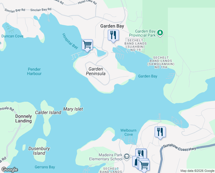 map of restaurants, bars, coffee shops, grocery stores, and more near 4981 Panorama Drive in Garden Bay