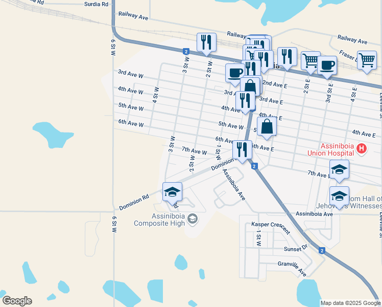 map of restaurants, bars, coffee shops, grocery stores, and more near 301 2 Street West in Assiniboia