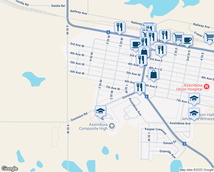 map of restaurants, bars, coffee shops, grocery stores, and more near 301 2 Street West in Assiniboia