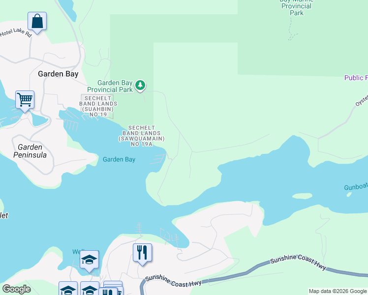 map of restaurants, bars, coffee shops, grocery stores, and more near 5206 Claydon Road in Garden Bay