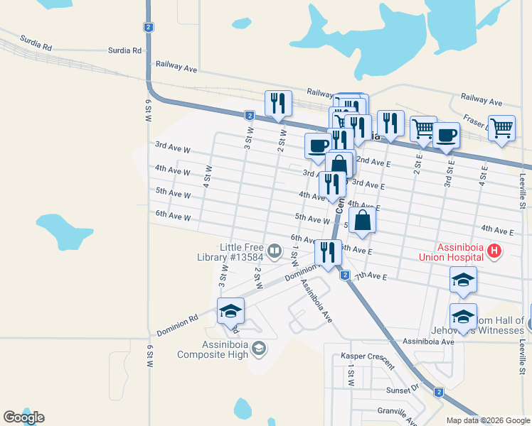 map of restaurants, bars, coffee shops, grocery stores, and more near 307 5th Avenue West in Assiniboia