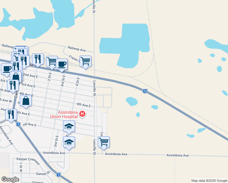 map of restaurants, bars, coffee shops, grocery stores, and more near 2 Avenue in Assiniboia