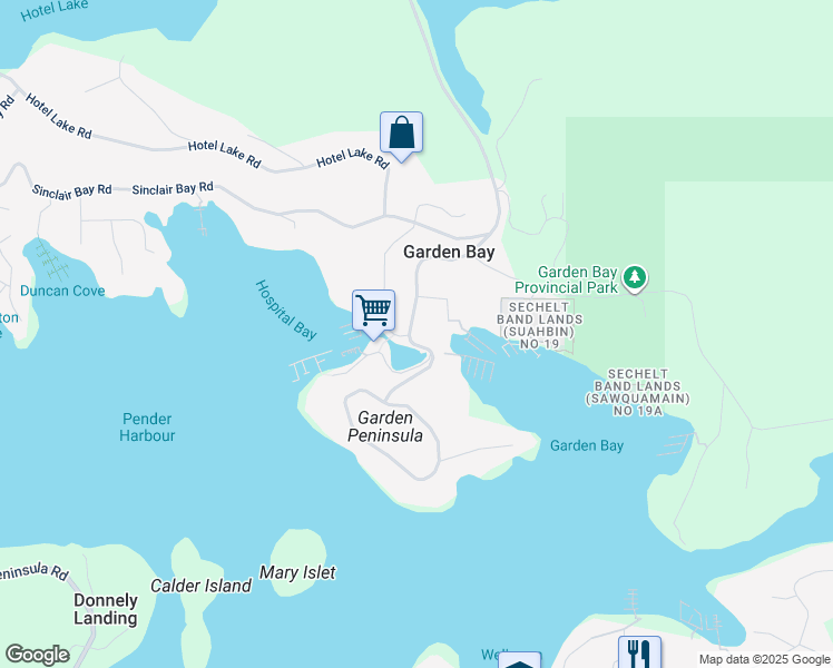 map of restaurants, bars, coffee shops, grocery stores, and more near 4332 Garden Bay Road in Garden Bay