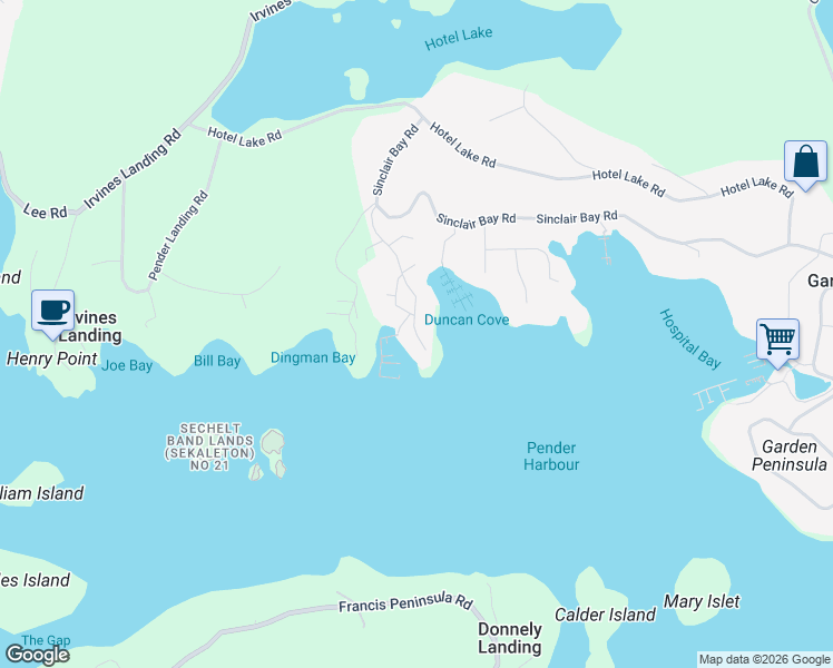 map of restaurants, bars, coffee shops, grocery stores, and more near Farrington Cove in Garden Bay