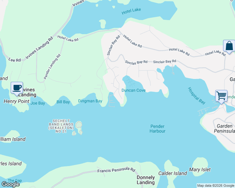 map of restaurants, bars, coffee shops, grocery stores, and more near 4622 Sinclair Bay Road in Garden Bay