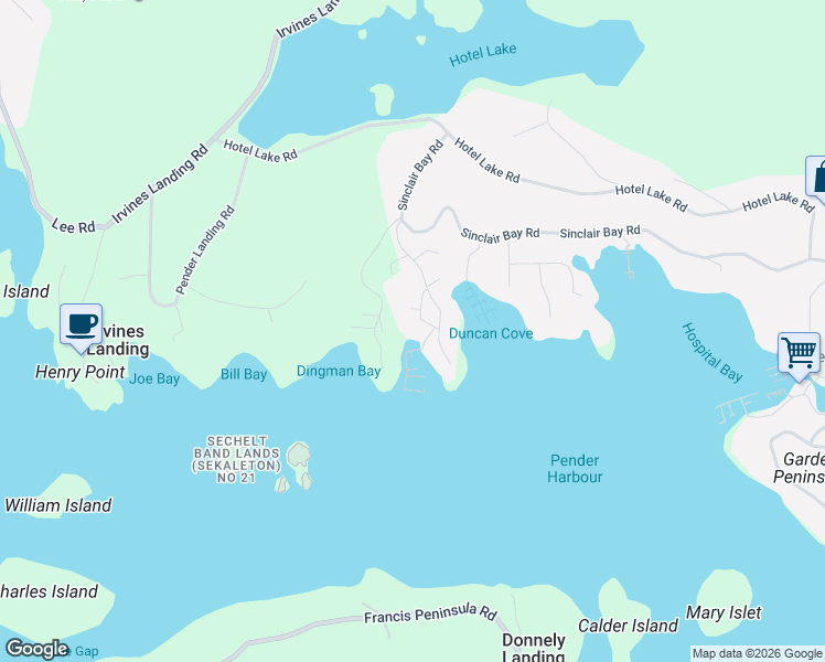 map of restaurants, bars, coffee shops, grocery stores, and more near 4622 Sinclair Bay Road in Sunshine Coast A