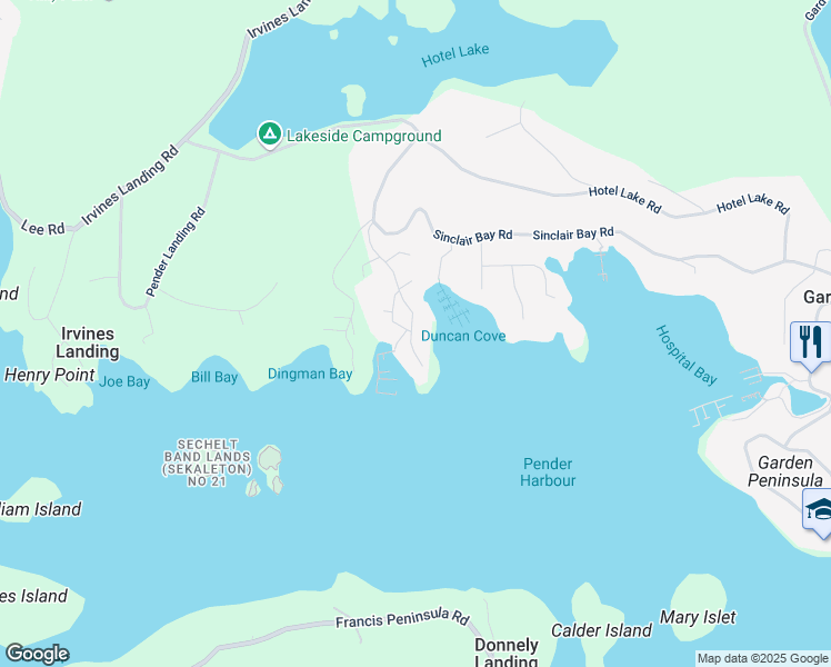 map of restaurants, bars, coffee shops, grocery stores, and more near 4622 Sinclair Bay Road in Sunshine Coast A