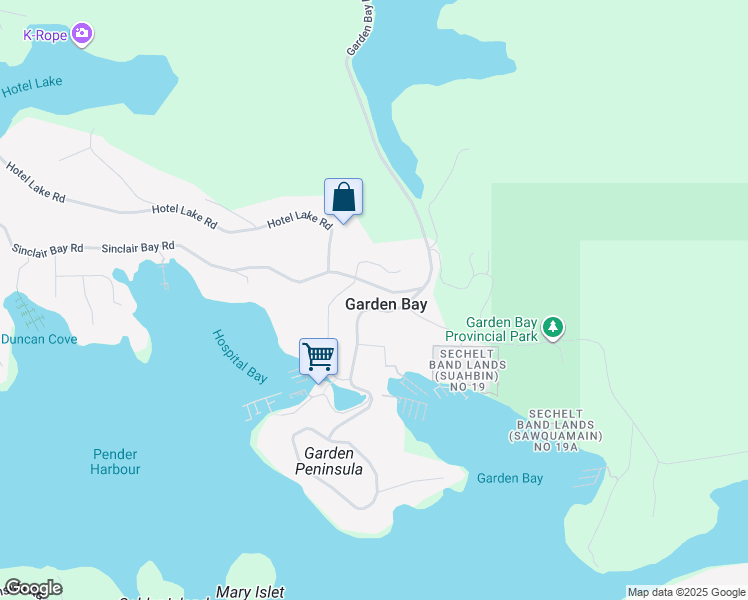 map of restaurants, bars, coffee shops, grocery stores, and more near 4387 Garden Bay Road in Garden Bay