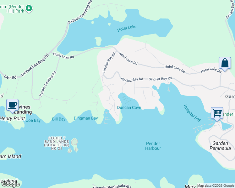 map of restaurants, bars, coffee shops, grocery stores, and more near 4622 Sinclair Bay Road in Sunshine Coast A