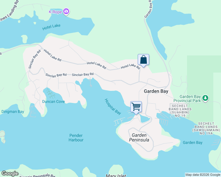 map of restaurants, bars, coffee shops, grocery stores, and more near 4830 Sinclair Bay Road in Garden Bay