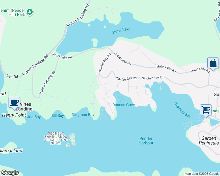 map of restaurants, bars, coffee shops, grocery stores, and more near 4622 Sinclair Bay Road in Sunshine Coast A