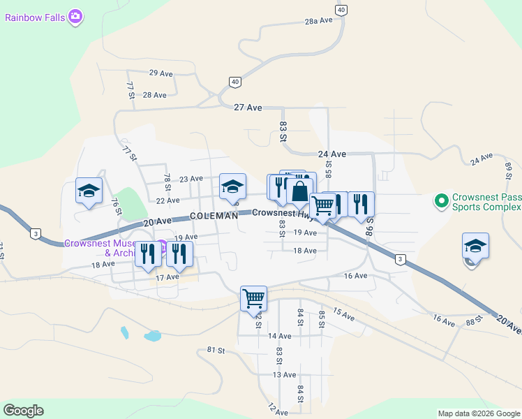 map of restaurants, bars, coffee shops, grocery stores, and more near 8125 20 Avenue in Crowsnest Pass