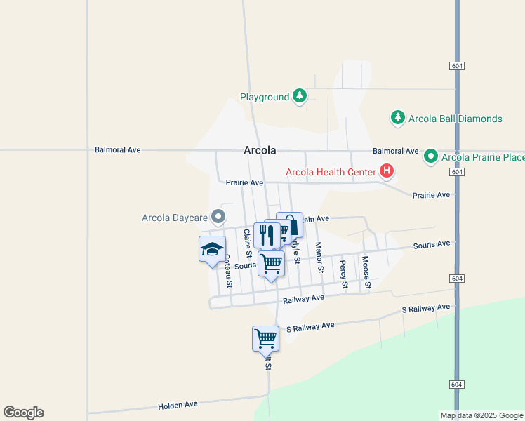 map of restaurants, bars, coffee shops, grocery stores, and more near 305 Main Street in Arcola