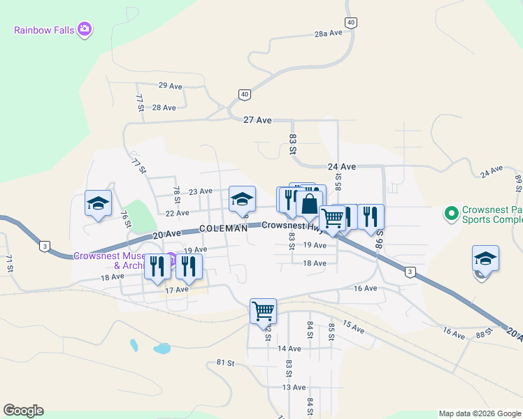 map of restaurants, bars, coffee shops, grocery stores, and more near 8125 20 Avenue in Crowsnest Pass