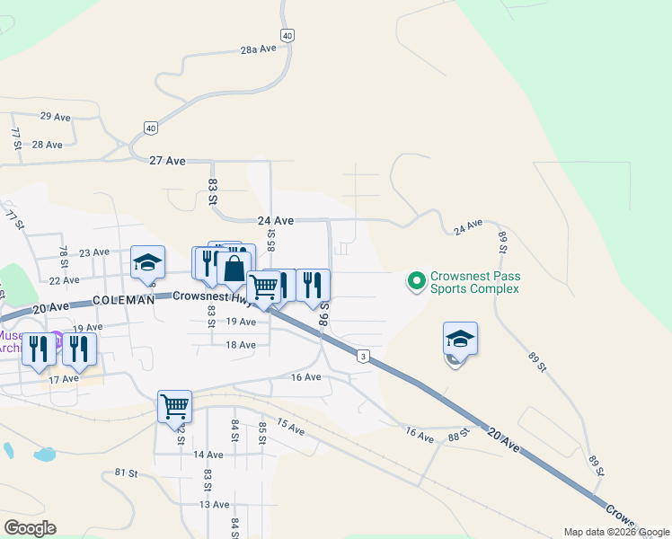 map of restaurants, bars, coffee shops, grocery stores, and more near 8609 23 Avenue in Crowsnest Pass