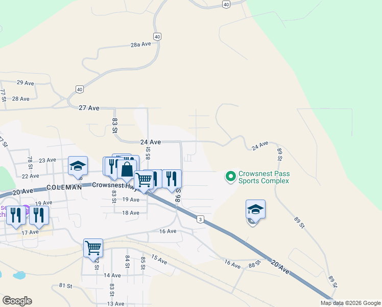 map of restaurants, bars, coffee shops, grocery stores, and more near 8609 23 Avenue in Crowsnest Pass