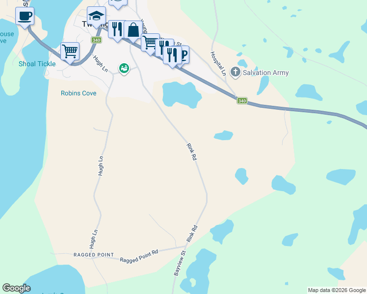 map of restaurants, bars, coffee shops, grocery stores, and more near 70 Rink Road in Twillingate