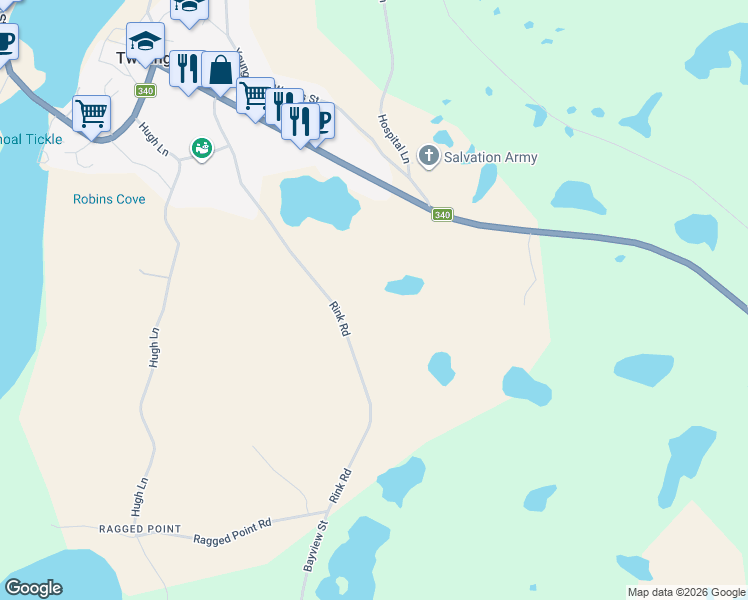 map of restaurants, bars, coffee shops, grocery stores, and more near 70 Rink Road in Twillingate