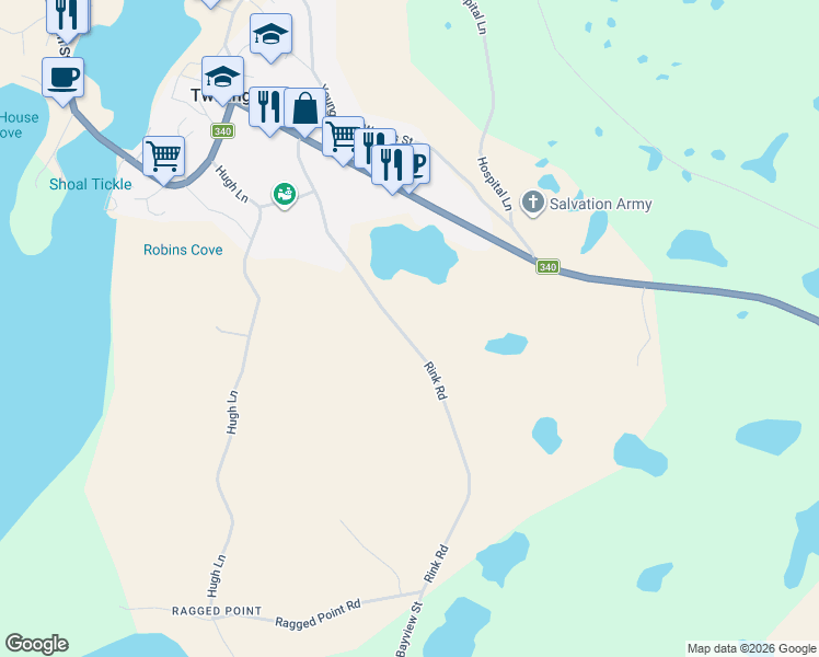 map of restaurants, bars, coffee shops, grocery stores, and more near 57 Rink Road in Twillingate