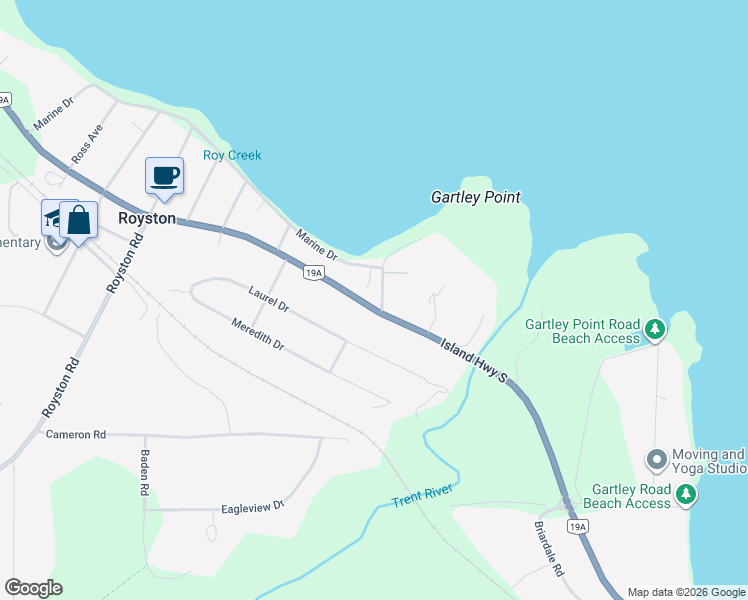 map of restaurants, bars, coffee shops, grocery stores, and more near 4000 Island Highway South in Royston