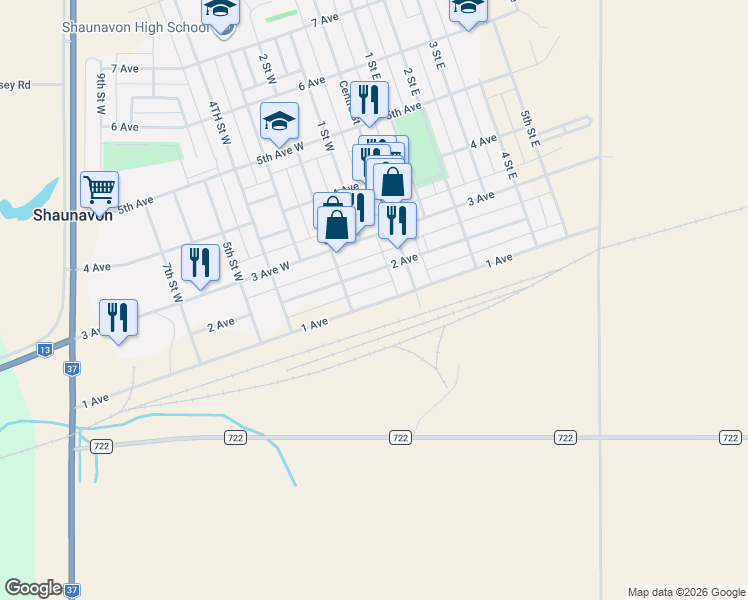map of restaurants, bars, coffee shops, grocery stores, and more near 121 1 Avenue in Shaunavon