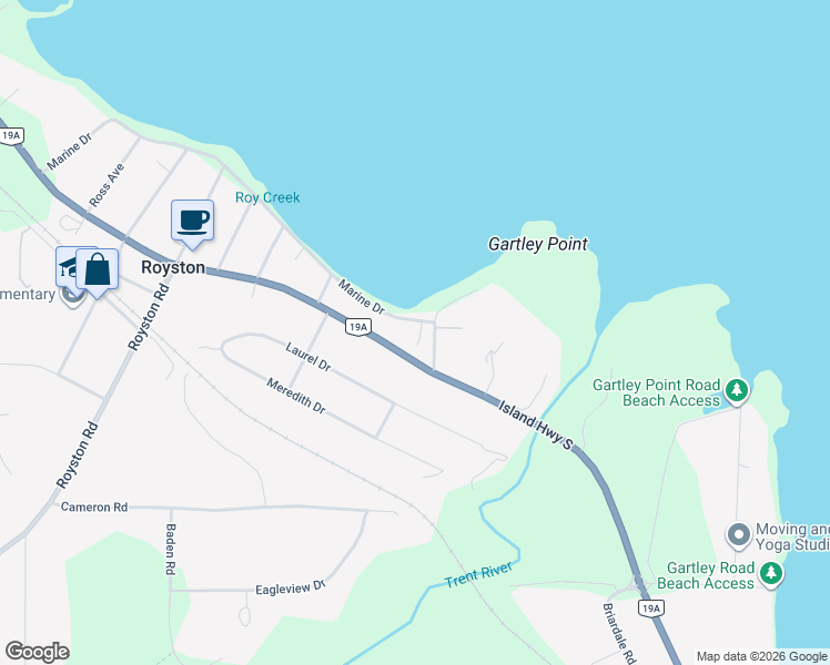map of restaurants, bars, coffee shops, grocery stores, and more near 3845 Marine Drive in Royston