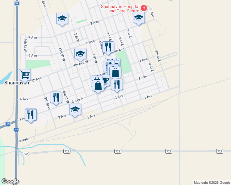 map of restaurants, bars, coffee shops, grocery stores, and more near 265 Centre Street in Shaunavon