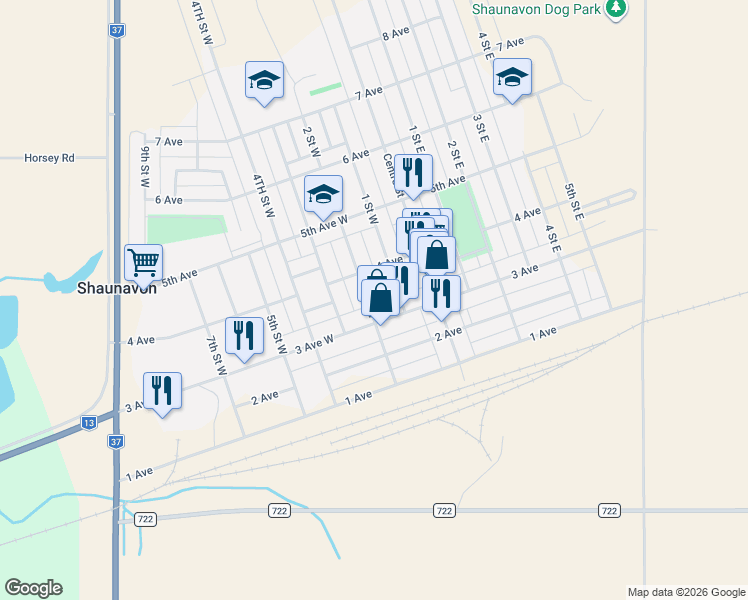 map of restaurants, bars, coffee shops, grocery stores, and more near 195 2 Street West in Shaunavon