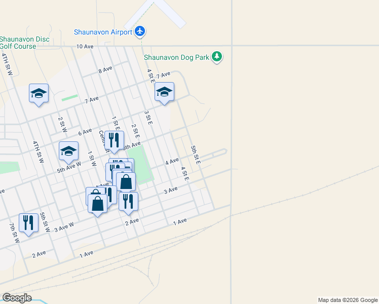 map of restaurants, bars, coffee shops, grocery stores, and more near 381 5th Street East in Shaunavon