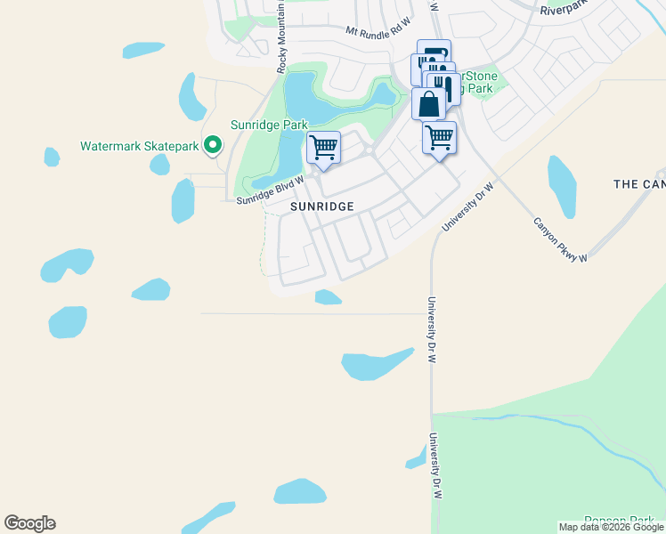 map of restaurants, bars, coffee shops, grocery stores, and more near 171 Mount Sundial Court West in Lethbridge