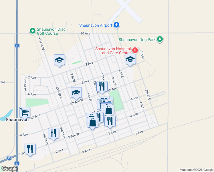 map of restaurants, bars, coffee shops, grocery stores, and more near 572 1 Street East in Shaunavon