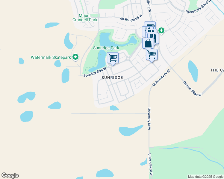 map of restaurants, bars, coffee shops, grocery stores, and more near 139 Mount Sundial Court West in Lethbridge