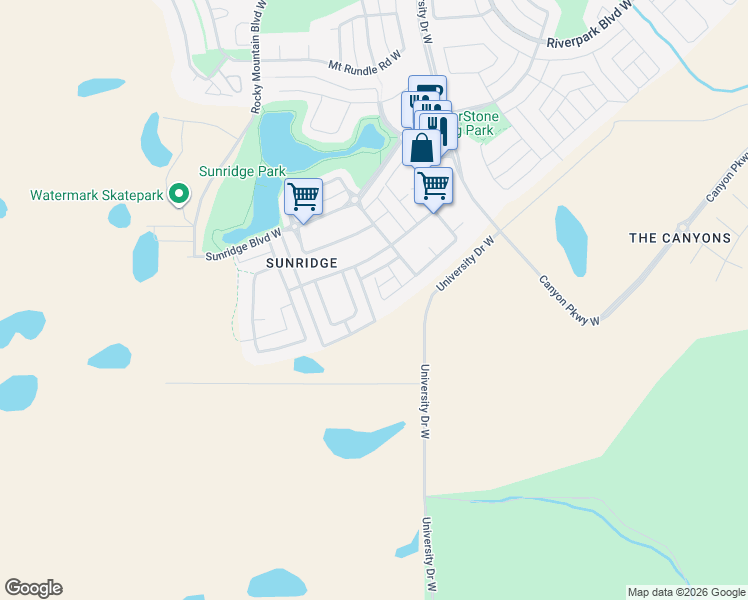 map of restaurants, bars, coffee shops, grocery stores, and more near 460 Mount Sundance Landing West in Lethbridge