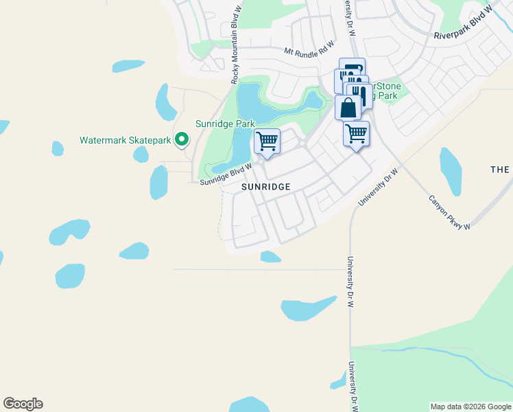 map of restaurants, bars, coffee shops, grocery stores, and more near Mount Sundial Court West in Lethbridge