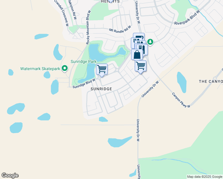 map of restaurants, bars, coffee shops, grocery stores, and more near 771 Mount Sundance Lane West in Lethbridge