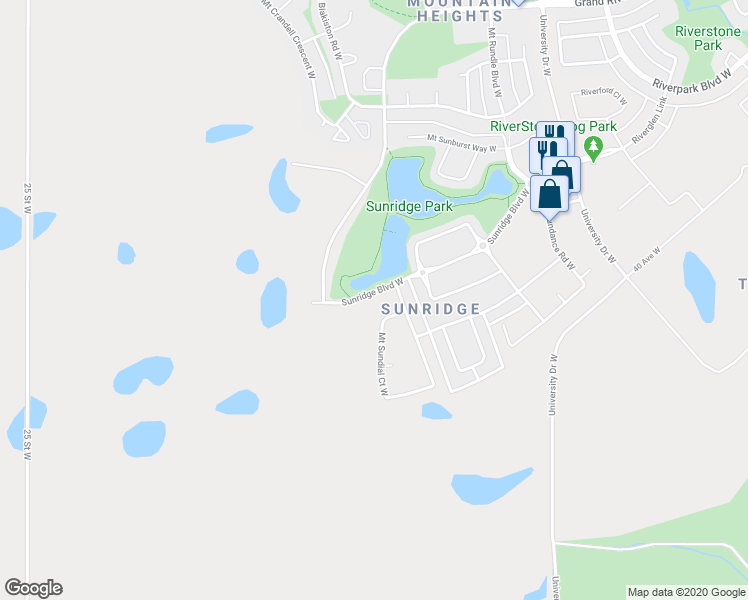 map of restaurants, bars, coffee shops, grocery stores, and more near 86 Sunridge Boulevard West in Lethbridge