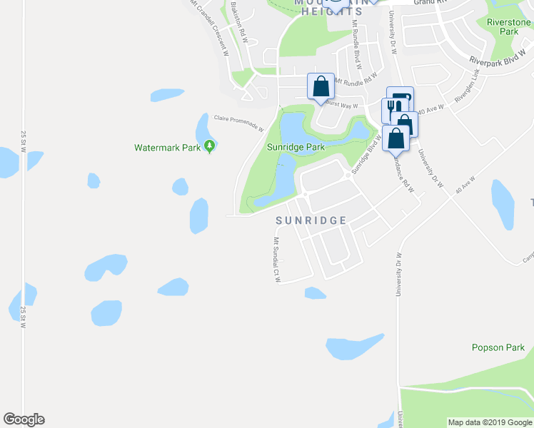 map of restaurants, bars, coffee shops, grocery stores, and more near 118 Sunridge Boulevard West in Lethbridge
