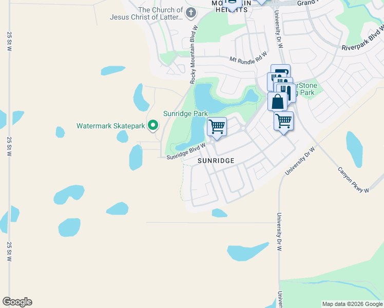 map of restaurants, bars, coffee shops, grocery stores, and more near 86 Sunridge Boulevard West in Lethbridge