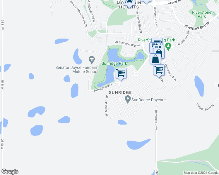 map of restaurants, bars, coffee shops, grocery stores, and more near 98 Sunridge Boulevard West in Lethbridge