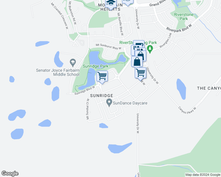 map of restaurants, bars, coffee shops, grocery stores, and more near 771 Mount Sundance Lane West in Lethbridge
