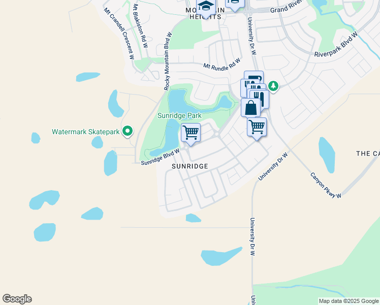 map of restaurants, bars, coffee shops, grocery stores, and more near 710 Mount Sundance Lane West in Lethbridge