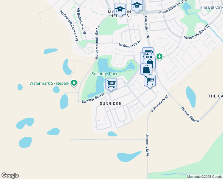 map of restaurants, bars, coffee shops, grocery stores, and more near 69 Sunridge Boulevard West in Lethbridge