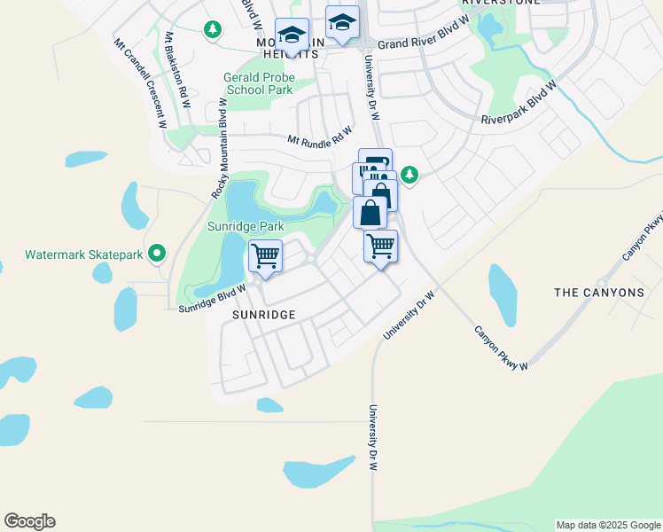 map of restaurants, bars, coffee shops, grocery stores, and more near 887 Mount Sundance Manor West in Lethbridge