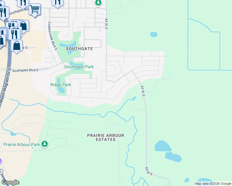 map of restaurants, bars, coffee shops, grocery stores, and more near 275 Sixmile Ridge South in Lethbridge